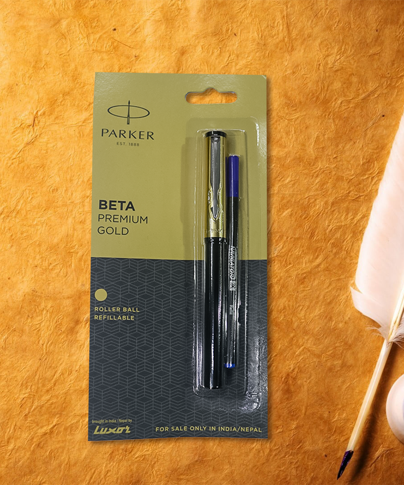 Parker Beta Premium Silver Stainless Gold Trim Roller Ball Pen