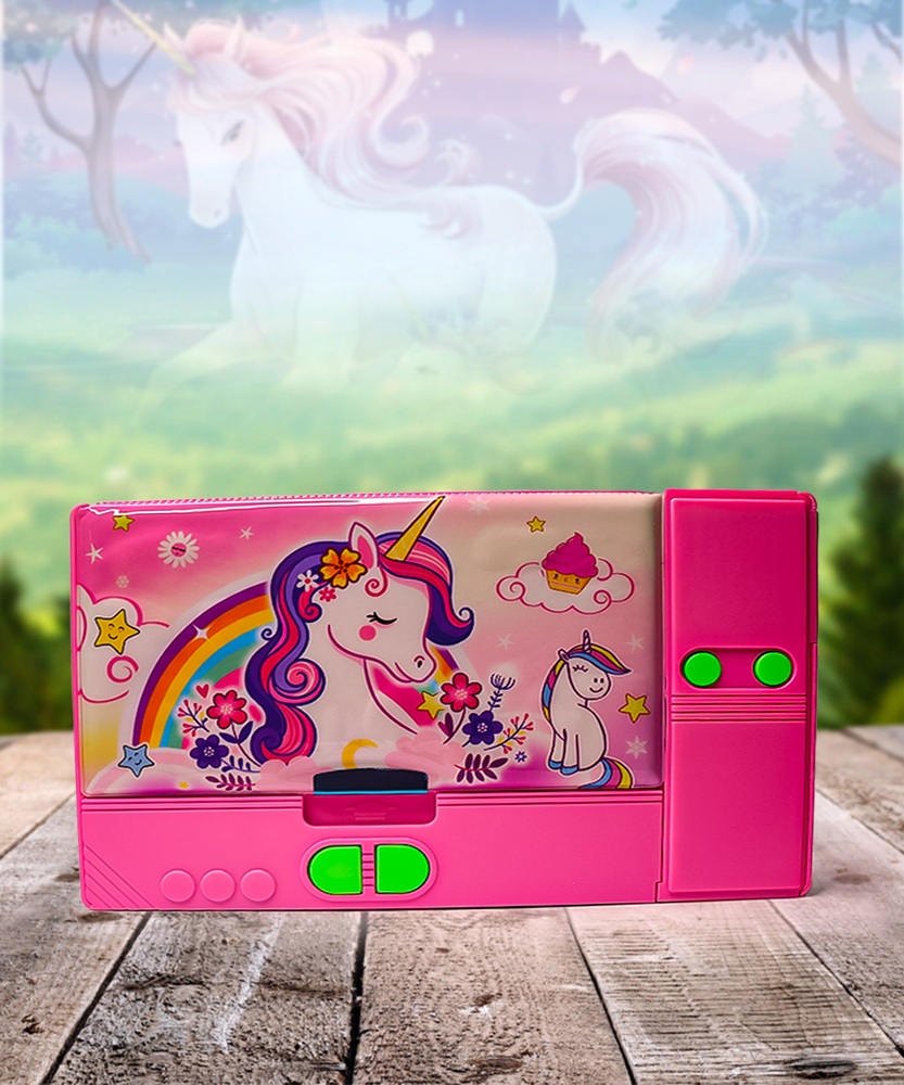 Multi Compartment Button Operated Magician Unicorn Design Pencil Box