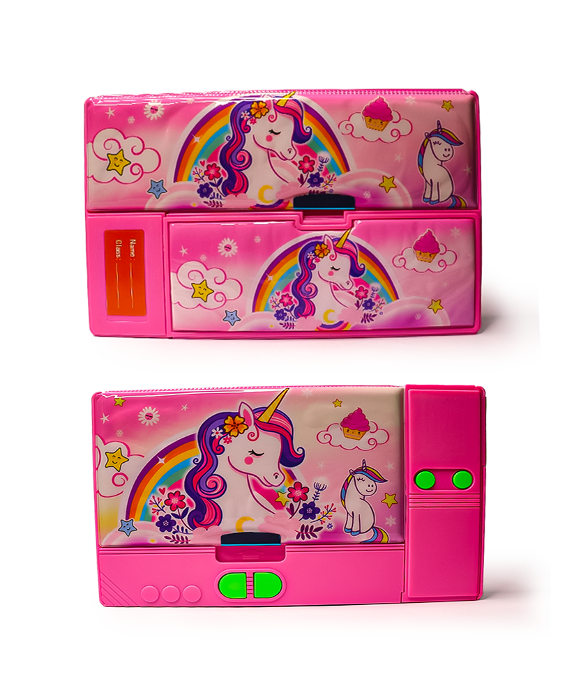 Multi Compartment Button Operated Magician Unicorn Design Pencil Box