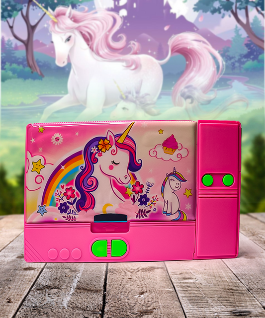 Multi Compartment Button Operated Magician Unicorn Design Pencil Box